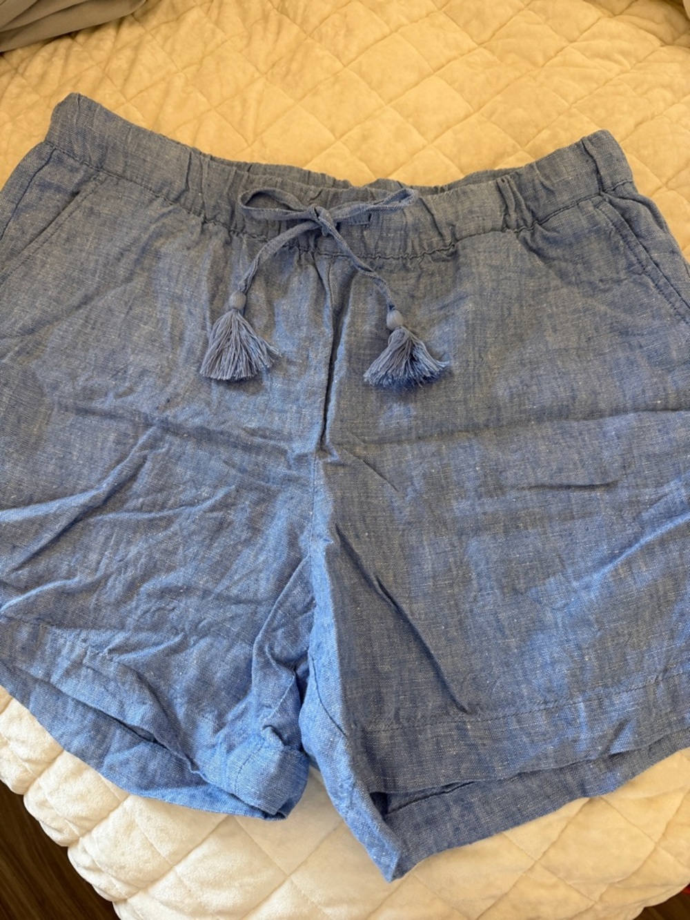 Talbots Chambray-Style Blue High-Waist Drawstring Shorts size LP linen
